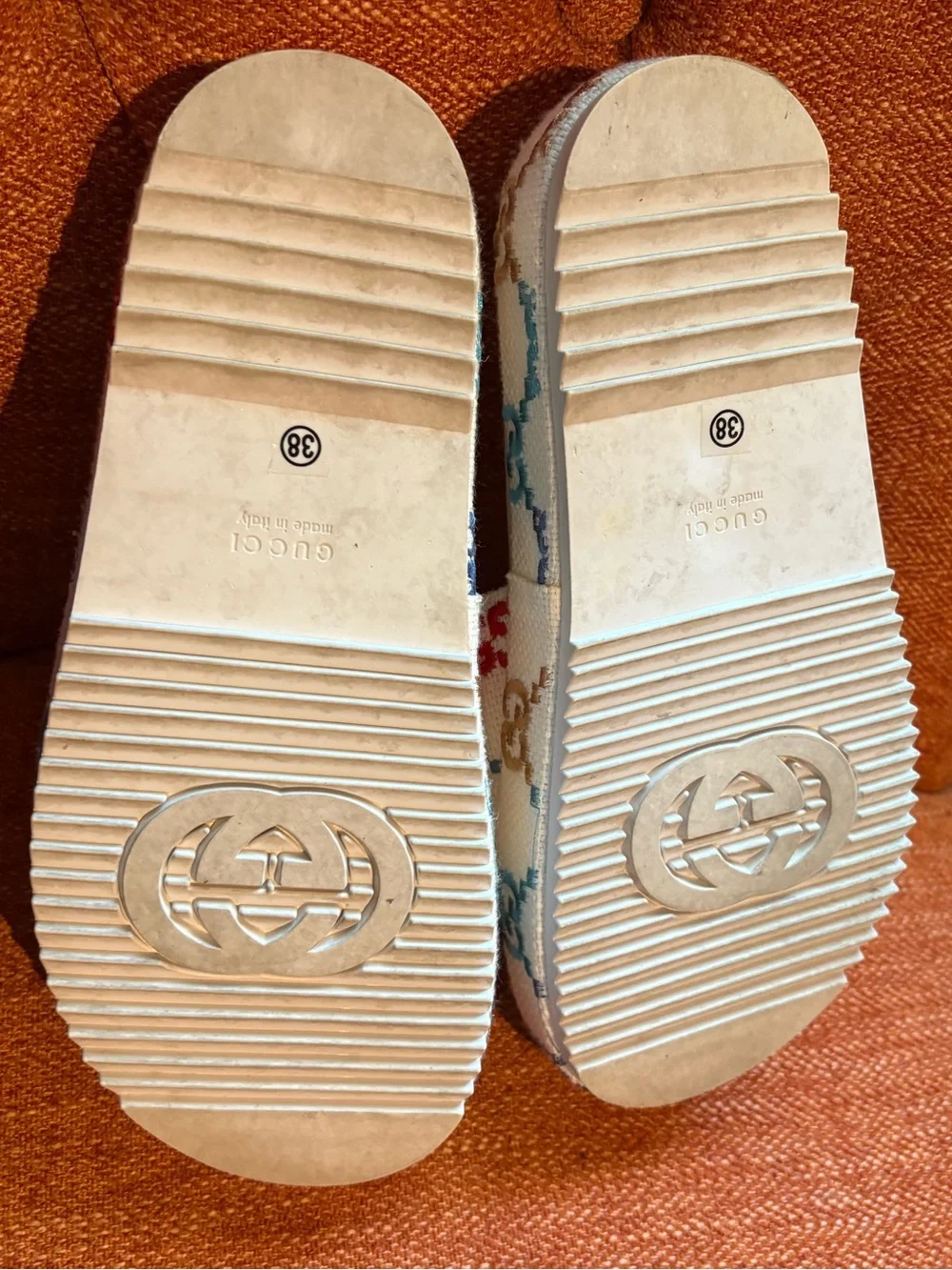 Gucci Angelina Multicolor GG Logo Platform Slides Sandals